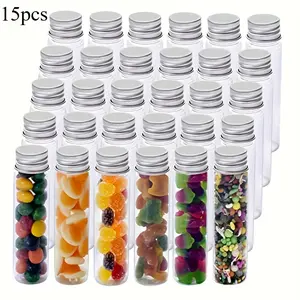 15pcs Plastic Test Tubes, Transparent Test Tube with Aluminum Screw Caps, Plastic Storage Tubes for Candy, Bath Salt, Granules and Liquids, Plastic Canister Jar, Storage Bottles