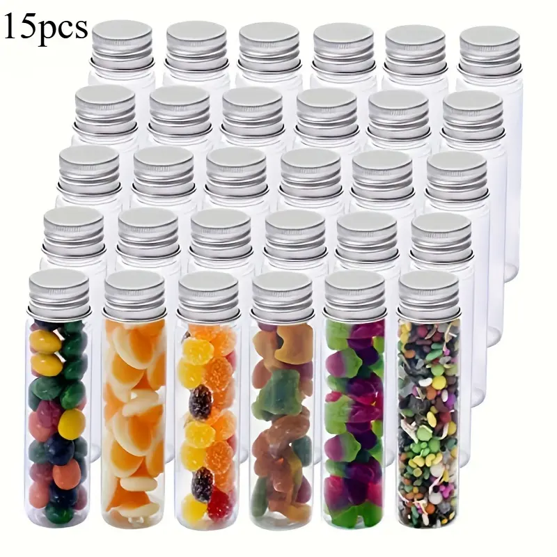 15pcs Plastic Test Tubes, Transparent Test Tube with Aluminum Screw Caps, Plastic Storage Tubes for Candy, Bath Salt, Granules and Liquids, Plastic Canister Jar, Storage Bottles, Plastic Containers, Kitchen Plastic Storage