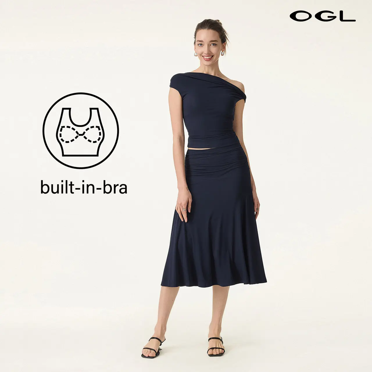 OGL Women's 2-Piece Matching Skirt Set - Multi-Wear Versatile Neckline Brami Top with Built-In Bra, Flowy Side Ruched A-Line Midi Skirt, SkinKiss Fabric for Summer, Cute 2-Piece Sets for Women's Clothes trendy fashion style trendy look fashionnova