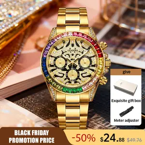 VEADONS Men's Business Fashion Rhinestone Decorated AnalogQuartz Watch Rainbow Crystal Chronograph Quartz Movement Luminous Date WaterResistant for Party Daily Wear Birthday Gift with Box