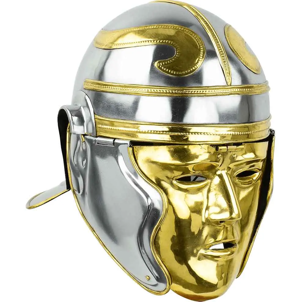 Medieval Warrior Roman Imperial Gallic Face Helmet with Wooden Display Stand, Accessories, Masks, Decoration, Steel, Bronze, Face Mask, Medieval Armor Costume Accessories
