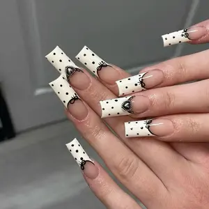 J29 White Polka Dot French Press-On Nails, Nude Clear Base with Hand-Drawn Bow Details, Minimal Chic Style, Elegant Everyday Nails, Handmade Press-On Nails, Custom Nails, Gift for Her