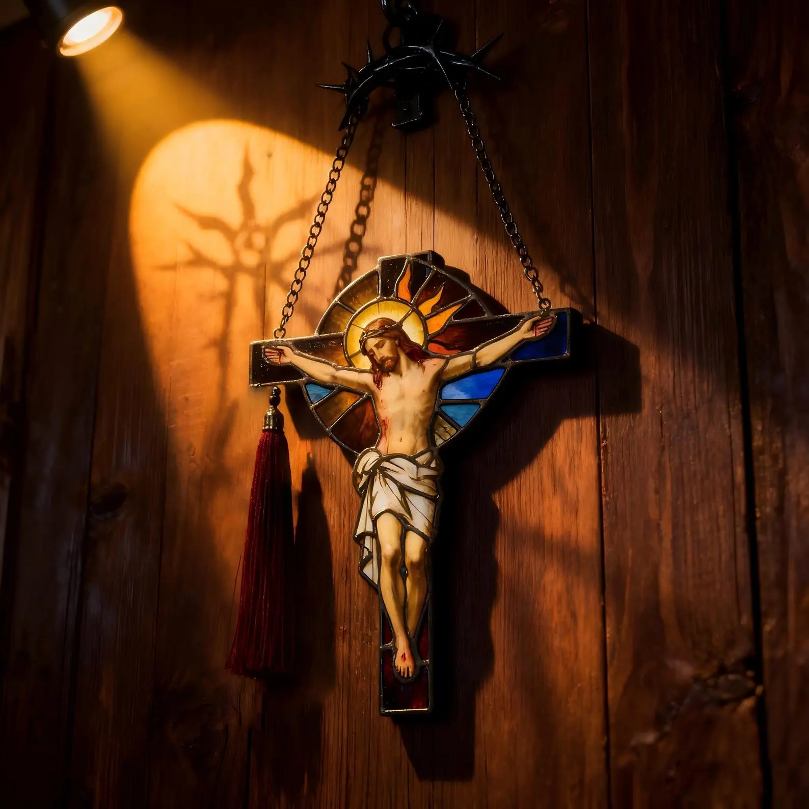 Religious Stained Glass Ornament, Jesus Cross Hanging Decor, Christian Gift for Easter Christmas Home