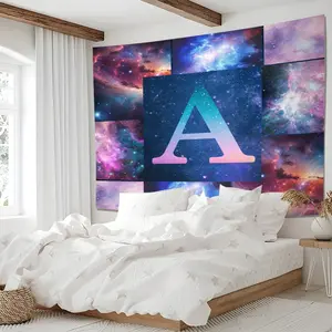 Starry Sky Milky Way Initial A-Z Tapestry, Colorful Nebula Print Tapestries, Universe Space Theme Background, For Bedroom Living Room Dorm, Galaxy Baby Shower Birthday Party Decorations Studio Photo Props