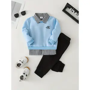 [Boys' School Uniform Set] 3pcs Boys' School Uniform Set - Light Blue Sweater, Checkered Collar Shirt & Matching Pants with Collar & Horseshoe Logo-Like - Soft Winter Outfit, Boys (Hand Washable, 3pcs Suit), Perfect Outdoor