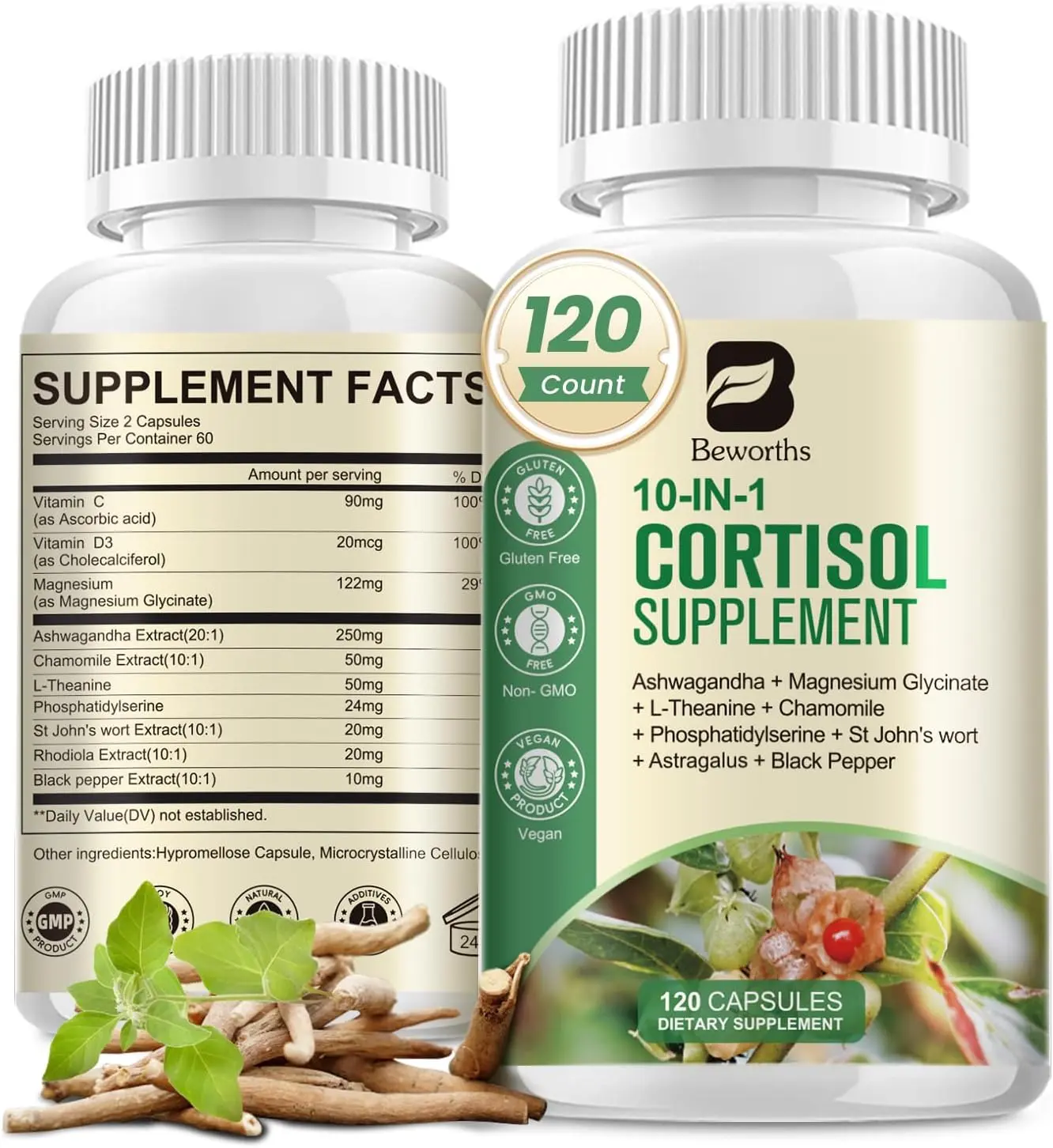 Cortisol Supplements for Women Men, Balanced Cortisol Levels, 120 Capsules | 10-in-1 Cortisol Detox with Ashwagandha, Magnesium, L-Theanine, Night & Calm Support