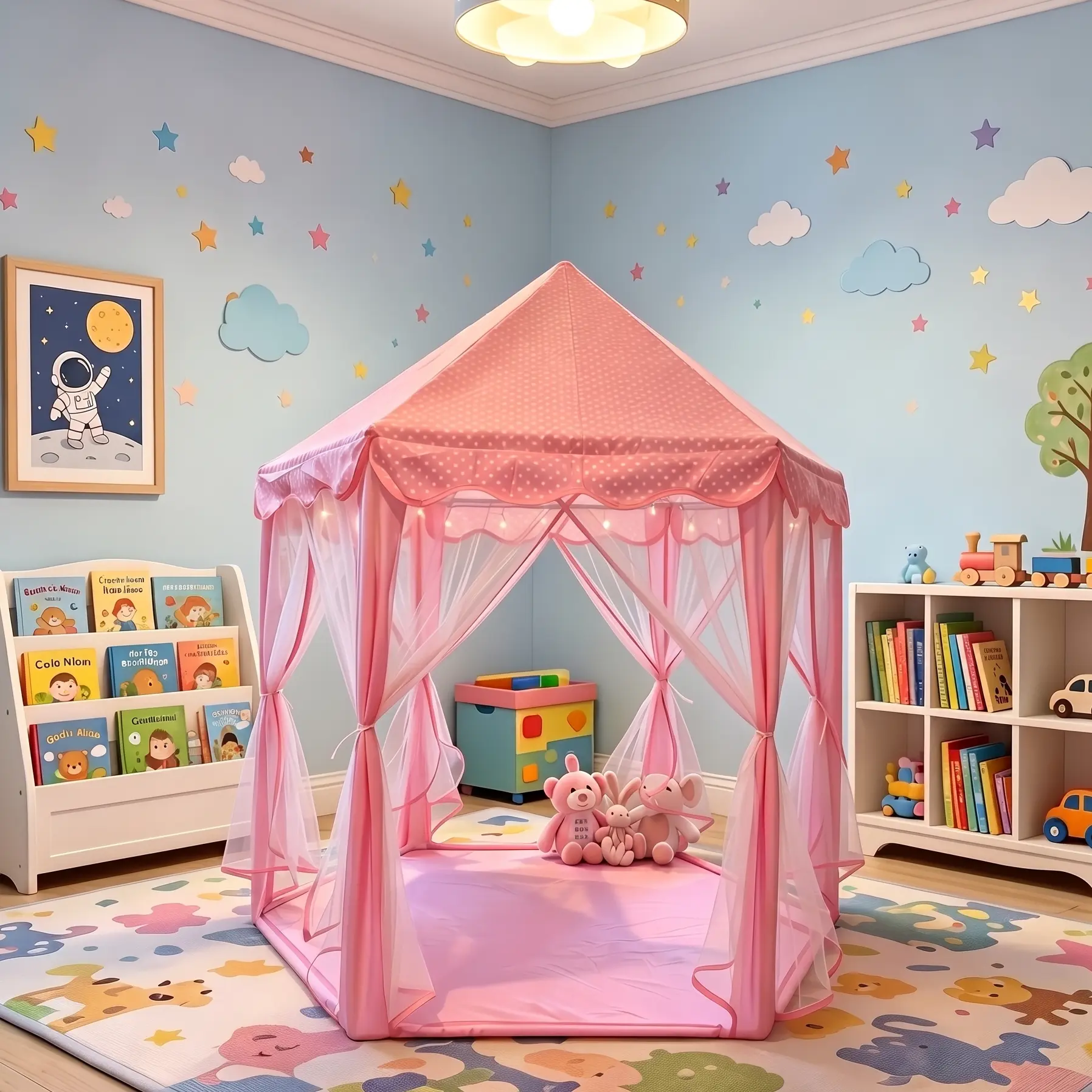 【FathersDayGift】Princess Castle Tent for Girls, Hexagonal Playhouse with Fairy Star lights, Fortress Tent for Boys, suitable for indoor and outdoor play, is the perfect Christmas Gift for Children or Toddlers