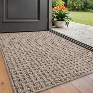 LUMIRUGS Indoor Door Mat - Non-Slip Rubber Backed Rug for Entryway, Low-Profile, Absorbent, Washable, Khaki Color (Rolled-up NO Creases)