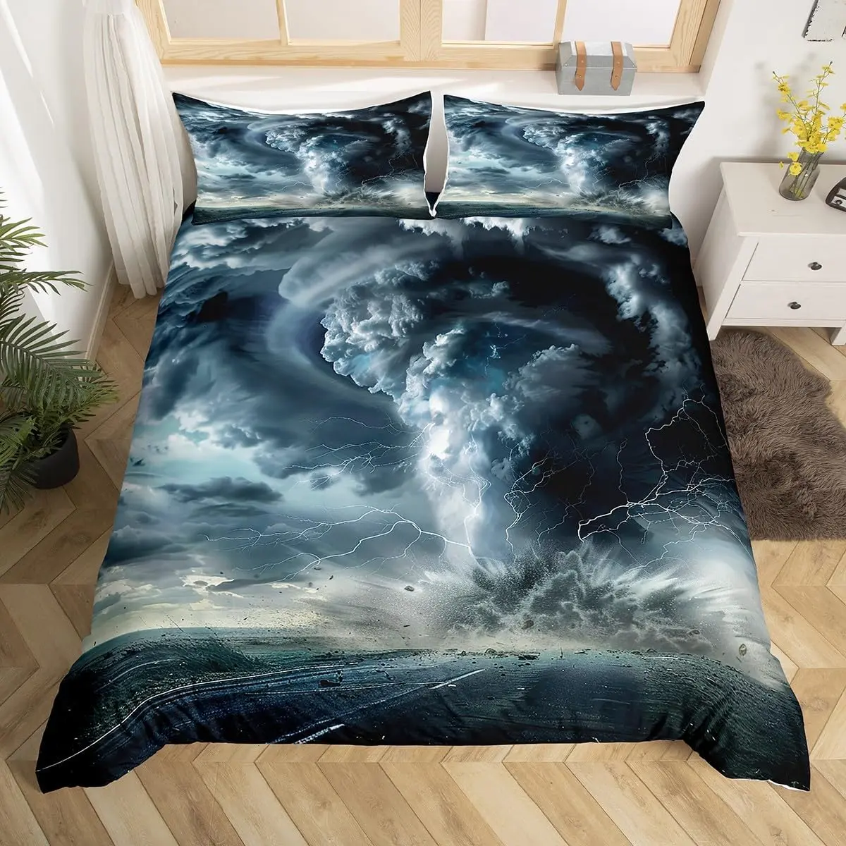 Tornado Comforter Cover Natural Disaster Theme Bedding Set Scary Hurricane Duvet Cover for Children Kids Boys Girls Microfiber Lightning Print Bedspread Cover Room Decor Bedclothes