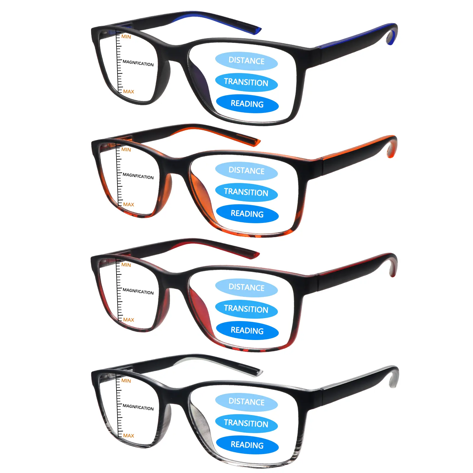 4 Pack Progressive Multifocus Reading Glasses for Men Women Blue Light Blocking Computer Reader with Spring Hinge