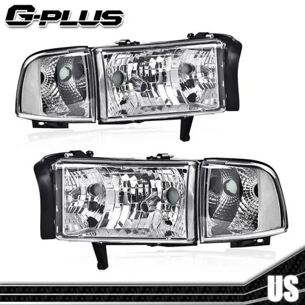 G-PLUS Headlights for 1994-2002 Ram 1500 2500 3500 Chrome Housing Clear Corner Headlights Lamps