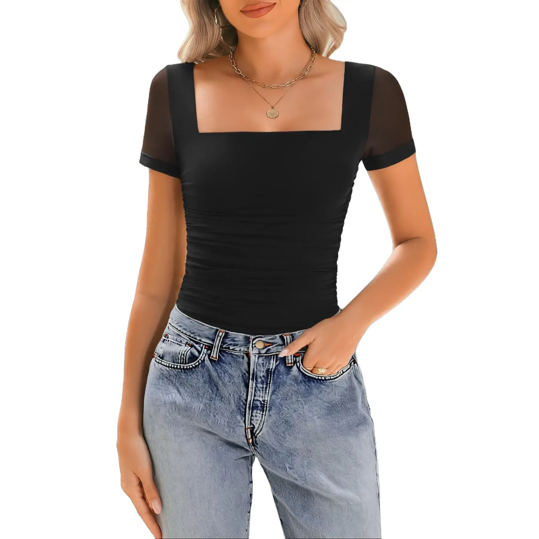 Avidlove Women's Square Neck Sheer Mesh Short Sleeve Bodysuit Ruched Going Out Sexy Thong Bodysuits Tops SpringStatements Basic