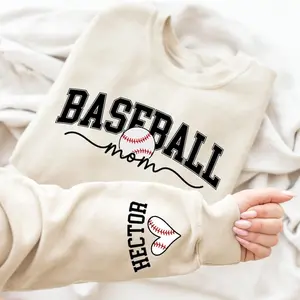 Personalize Baseball Mom Kids Name On Sleeve Sweatshirt, Baseball Season Shirt, Mom Baseball Sweater, Baseball Mama Shirt, Baseball Mom Gift