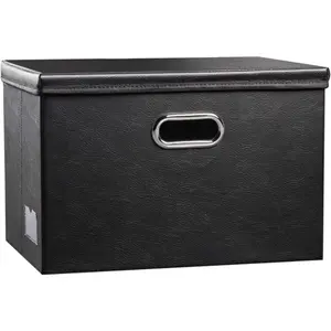 Large Collapsible Storage Bin with Lid [1Pack] Leather Fabric Foldable Storage Box Organizer Containes Basket Cube with Cover for Home Bedroom Closet Office Nursery Black 17.7x11.8x11.8