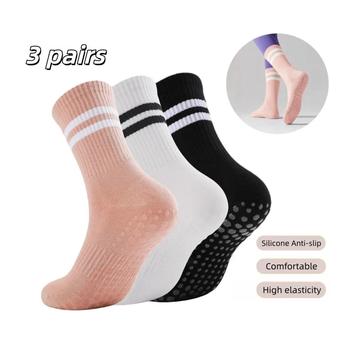 Women's 3-Pack Pilates Grip Socks - Anti-Slip Grip Socks, 3.9% Spandex, High Elasticity, 1 Size Fits All, Breathable Comfort for Fitness, Everyday Wear, One Size Fits All