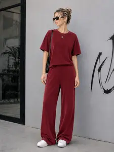 Women's Casual Sporty Acid Wash Vintage Knit Street Style Cotton Two-Piece Set, Loose Fit Slim Round Neck Short Sleeve T-Shirt + Wide Leg Pants