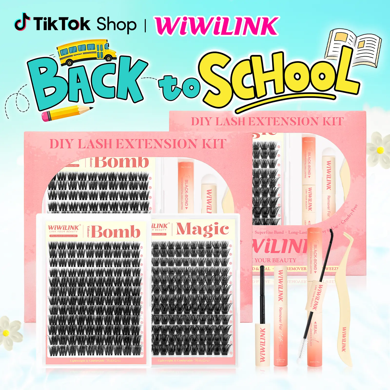 WiWiLINK Volume Bomb Magic 3D  Universal Lash Kit – Cluster Lashes in C/D Curl, DIY Lash Extension Set with Clusters (10-18mm, Includes Bond, Seal, and Remover) – Ultra-Thin Transparent Bands,back to school