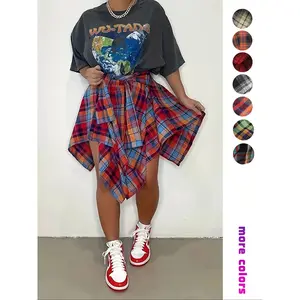 Women's irregular checkered skirt with tie design, Y2K street style, fashionable casual daily wear, knee length, fitted woven fabricRAIMENTRY