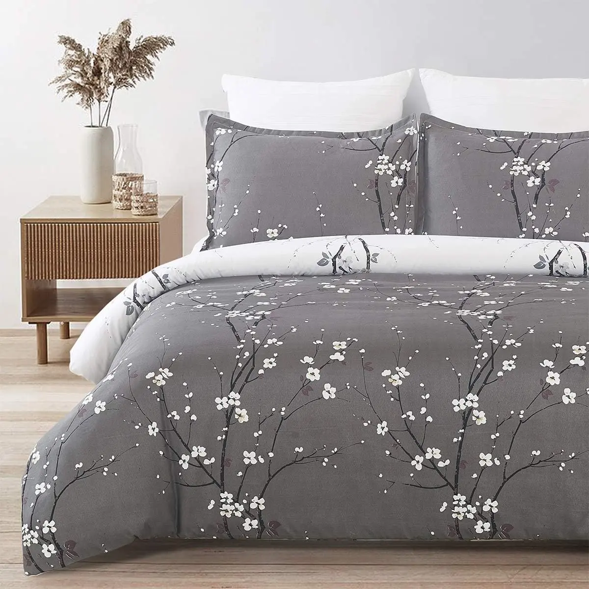 Soft Brushed Microfiber Duvet Cover Set with Zipper Closure and Corner Ties, Plum Blossom Branch Floral Printed , Grey and White Color, Reversible Design- (90x90 inches)