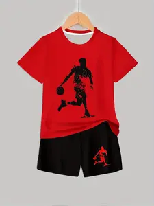 Teen Boys Basketball Graphic Summer Short Sleeve Set, Casual Fitted T-Shirt and Shorts, Outdoor Sports Wear, Sporty Set, No Accessories Included