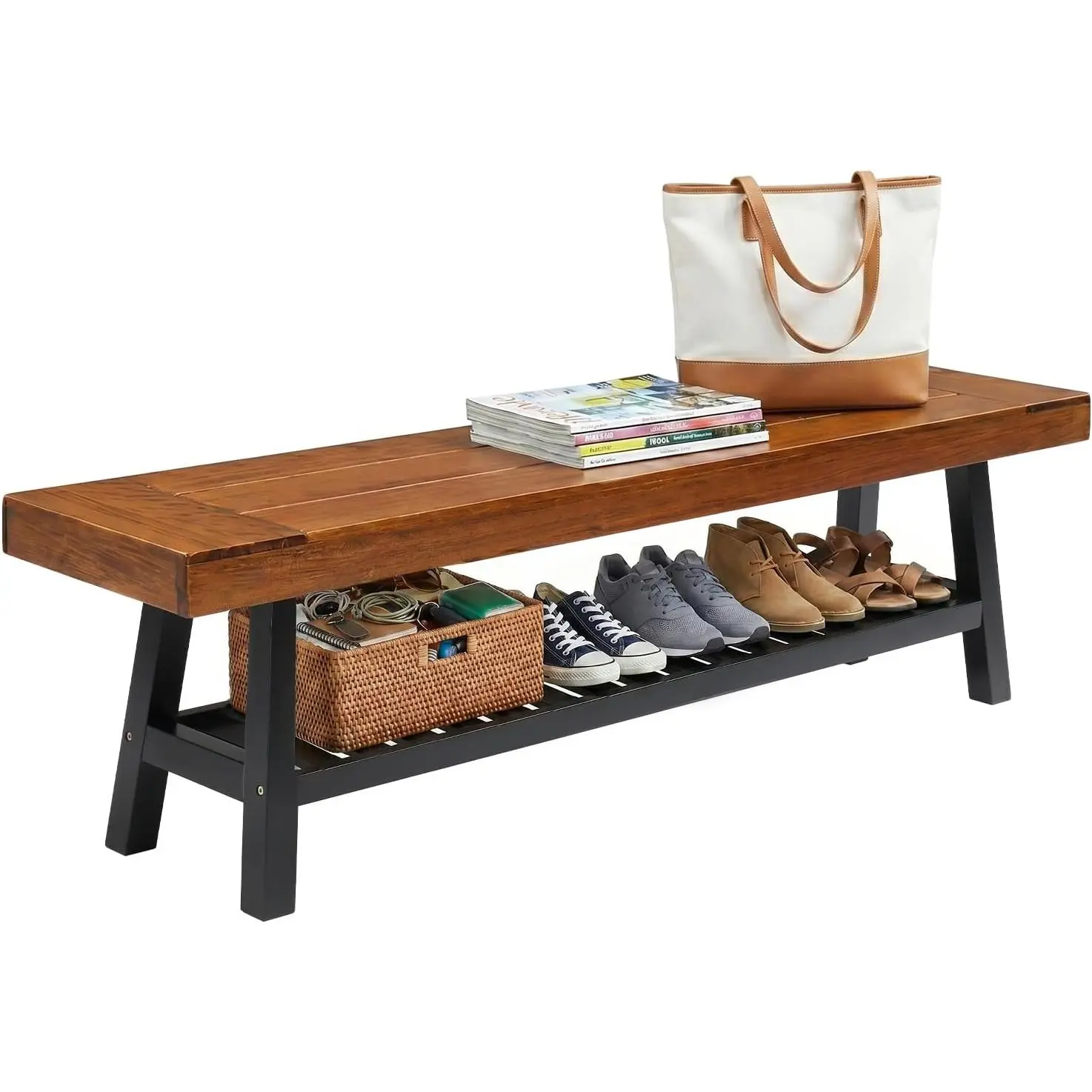 VINGLI 40/63in Storage Bench, Solid Wood Seat with Iron Storage Shelf, Weather Resistant High Capacity Indoor Outdoor Dining Benches, Sturdy Shoe Rack Bench for Entryway Mudroom Porch