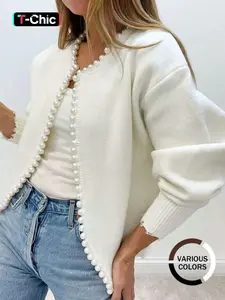 Women's Solid Faux Pearl Decor Drop Shoulder Knitting Cardigan, Casual Long Sleeve Open Front Knitwear for Fall & Winter, Fashion Women's Knit Clothing for Daily Wear, Womenswear