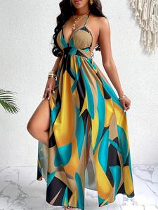 women's colorblock print backless split thigh cami dress, casual tie back sleeveless halter neck maxi dress for holiday vacation, ladies summer clothes, womenswear,  classy dresses