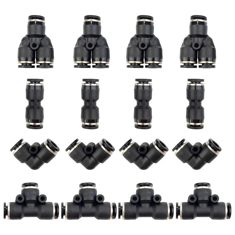 1/4 Inch od Quick Connect Pneumatic Fittings Air Line Push to Connect Fittings Plastic Air Tube Compression Fittings Kit Quick Release Connectors, Spliters Elbows Tee Straight, 16 Pack