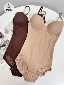 Women's Lace Detail Compression Ruched Body Shaper Set, Breathable Thin Underwear, Casual Regular Fit, All Seasons, 2pcs Slimming Bodysuit, Body Shaping Underwear, Shapewear Set