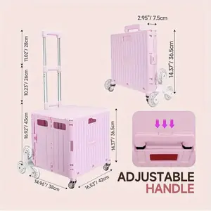 Pretty Pink Heavy-Duty Foldable Cart - Collapsible with Stair Climbing Wheels, Telescoping Handle, and Rolling Crate - Perfect for Grocery, Books, Files, Tools, and Art Supplies