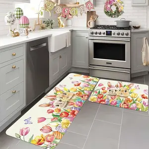 2pcs/3pcs Easter Kitchen Mat Set with Rabbit and Egg Patterns, Festive Patterns, Non-Slip Decor for Spring, Perfect for Holiday Cooking and Parties, Floral Washable Rug
