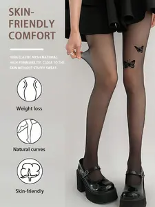 Sweet Cool Butterfly Print Silk Sheer High Elastic Leggings, Slim-Fitting Fashion Style for All Seasons, Pure Desire Girl Atmosphere Socks