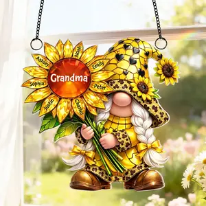 Personalized Grandma G-nome Sunflower Gift, Heartfelt Mother Day Gift For Grandma Mom Nana, Custom Grand Kid Name, Stained Glass Suncatcher Ornament