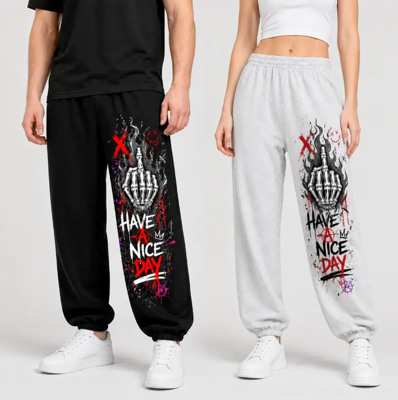 Have A Nice Day Graphic Sweatpants, Skeleton Middle Finger Jogger Pants, Funny Sarcastic Gray Lounge Pants, Y2K Grunge Streetwear Pants, Baggy Casual Workout Joggers, Punk Emo Sweatpants, Gifts for Men Women