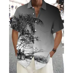 Men's Vintage Tropical Beach Scene 3D Print Button-Up Hawaiian Shirt with Chest Pocket, Short Sleeve, Summer Casual Wear, PLUS SIZE
