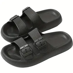 1 Pair Casual Simple Solid Color Buckle Slides, Summer 2024 Comfortable Soft Non-slip Slippers for Indoor Outdoor, Wide Band Adjustable Bathroom Shower Slides Shoes