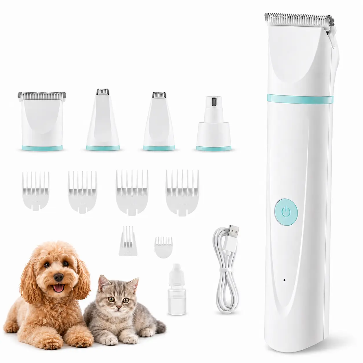 4-in-1 Dog Grooming Clippers Kit with Nail Grinder, Cordless Rechargeable Low Noise Pet Hair Trimmer, IPX7 Waterproof Dog Clippers for Paws, Face, Ears & Body, for Dogs and Cats of All Sizes