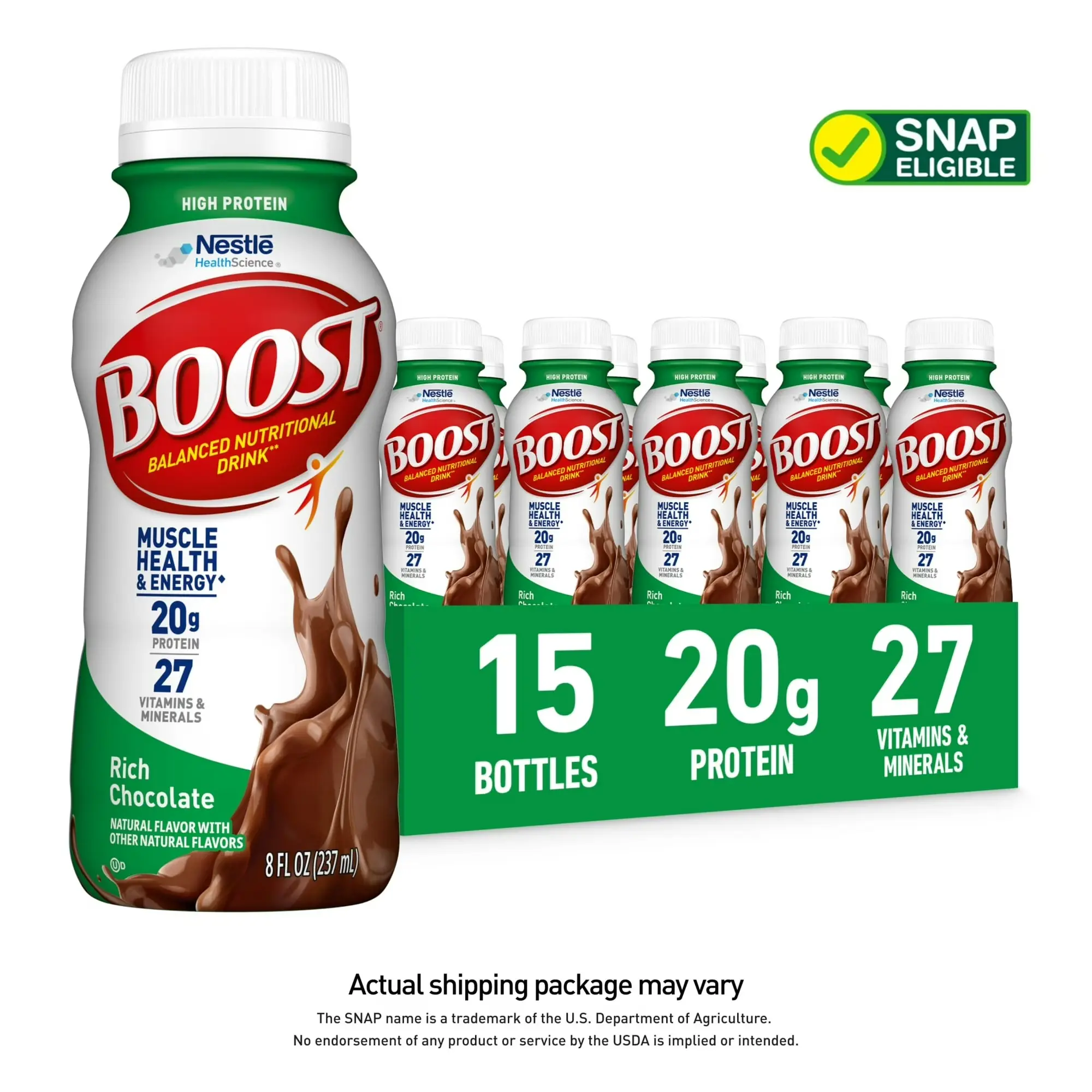Boost 20g High Protein Nutritional Drink Shakes, Rich Chocolate, 8 fl oz, 15 Pack Beverage Energy