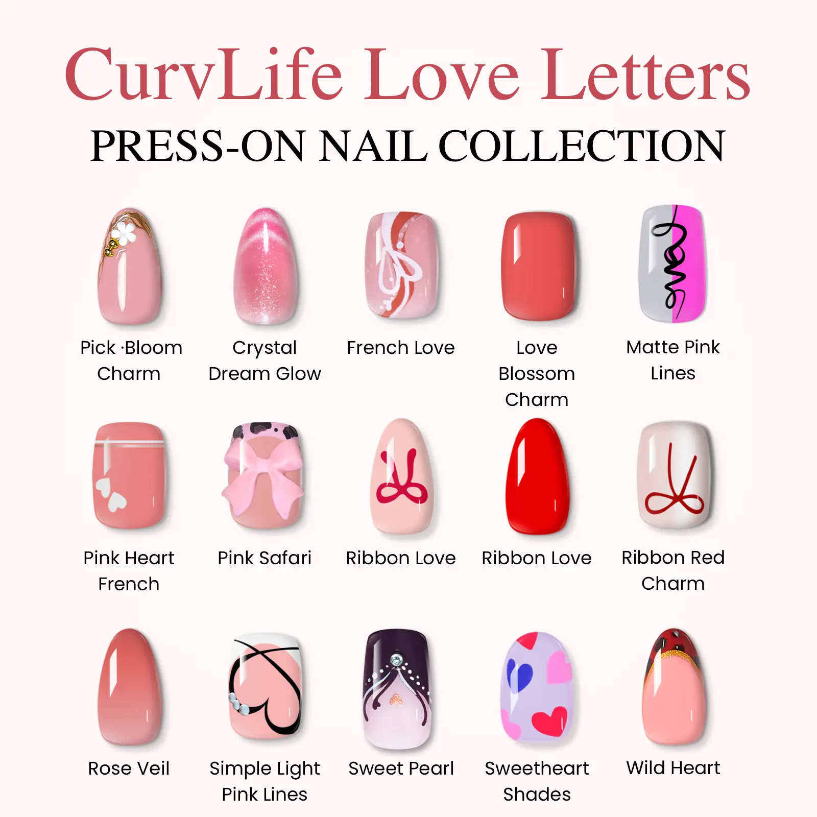 Love & Glow Collection – CurvLife Romantic Valentine Press On Nails Inspired by Hearts, Bows & Soft Pink Tones | Blush, Nude & Sweet Heart Nail Art with Glossy Glow Finish | Feminine, Reusable Press-On Nail Set Perfect for Valentine’s Day, Dates, Gifts