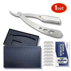 Professional Barber Razor for Men-Stainless Steel Straight Edge Shavette for Close Shaves & Beard Shaping. Anti-Slip Handle, Dermaplaning Facial Razor with Replaceable Safety Blades. Barber Quality travel razorkit easy replacement Daily eyebrow razors