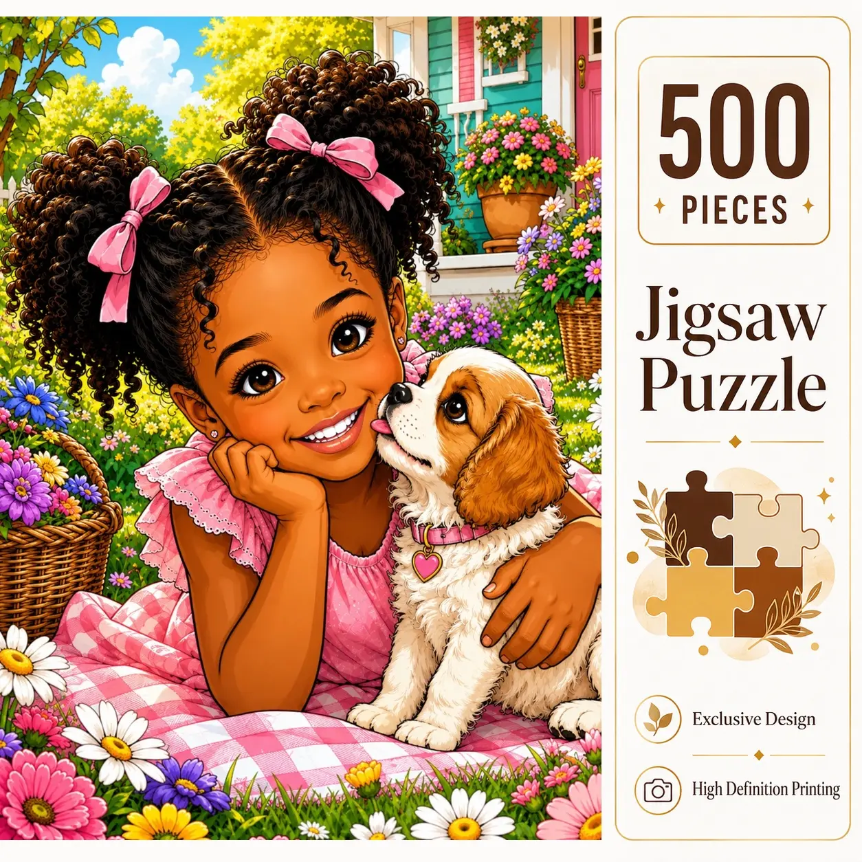 500-Piece Vibrant Cute Puppy Garden Jigsaw Puzzle, Colorful Dog & Flower Art Game for Adults+Seniors, Memory Training & Observation Brain Exercise, Home Decor, Dog Lover Gift, 15x20.5 inches (38x52cm)