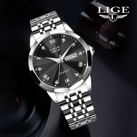 Chic Fashion Men's Quartz Analog Wristwatch - 41mm Stainless Steel & Alloy Round Case, Luminous Dial, Black Stainless Steel Band, Calendar Date & Week Display, 30M Waterproof, Secure Clasp for Business Casual Wear, Chic Fashion Men's Watches