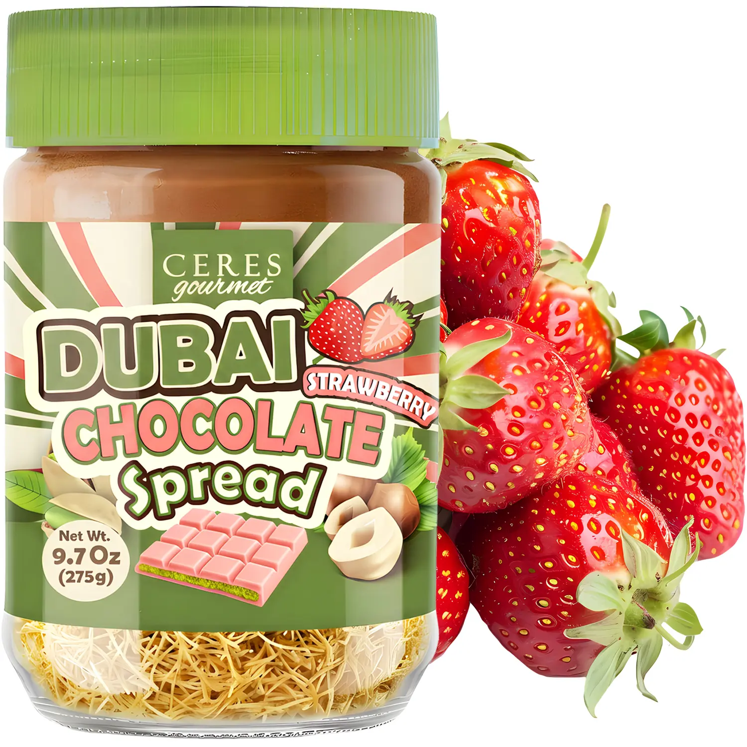 Dubai Chocolate Spread with Freeze-Dried Strawberry 9.7 oz – Pistachio Cream & Crispy Kataifi | Viral Gourmet Dubai Chocolate Jar | Perfect Gift Hazelnut