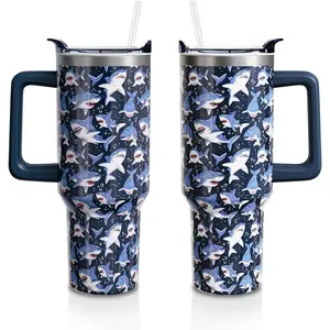 Shark Gifts 40 Oz Tumbler with Handle and Straw Lid, Stainless Steel Insulated Cup, Water Bottle Mug for Women Men