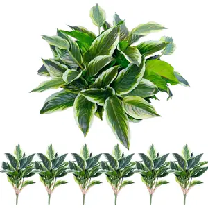 6PCS Artificial Tropical Green Plants 15.75" Fake Hostas Outdoor UV Resistant Faux Green Leaf Stems for Porch Patio Balcony Garden Planter or Indoor Décor