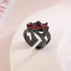 Unisex Titanium Steel Open Statement Ring - Lava Texture Ring with Red Stone Accent for Index Finger