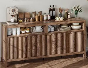 Sideboard Buffet Cabinet with 4 Doors, Morden Kitchen Storage Cabinet with Fluted Door, Wood Sideboard Storage Cabinet for Dining Room, Living Room, Entryway, Nutual Wood