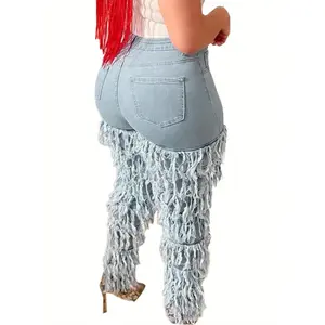 [Trendy Retro Jeans] Women's high-waisted tight jeans-stretch non-see-through tights with untreated hems and multiple layers of tassels, suitable for casual formal wear (machine washable), ripped jeans