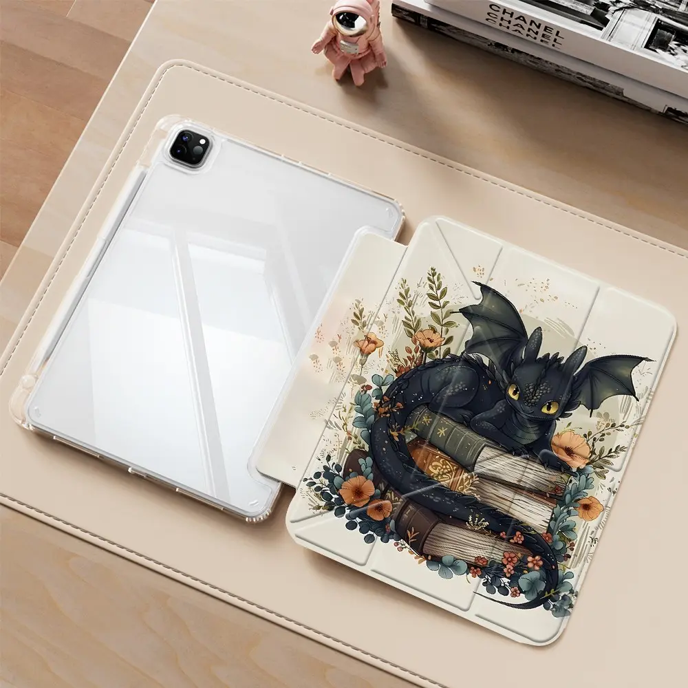 Black Dragon & Book Floral iPad protective case, Protective casing, transparent acrylic Y folding stand, suitable for all iPad models, featuring all-round protection against scratches and impacts