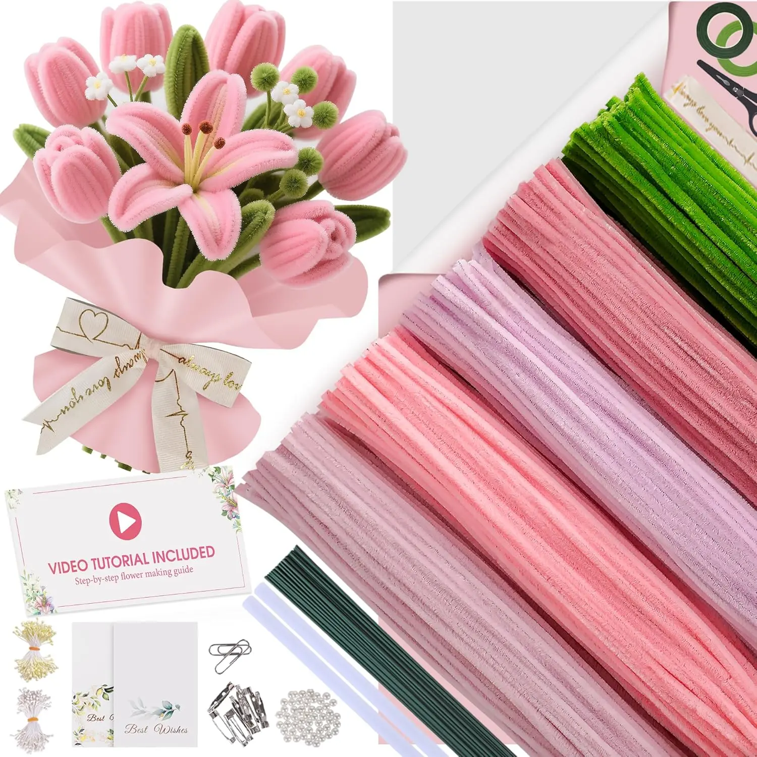 500 Pcs 8mm Pink Chenille Stems Pipe Cleaners Craft Kit - Customized Flower DIY Supplies with Tutorial, Step-by-Step Guide & Tools for Enthusiasts’ Gifts, Decor, Flower Crafts, Customized Craft